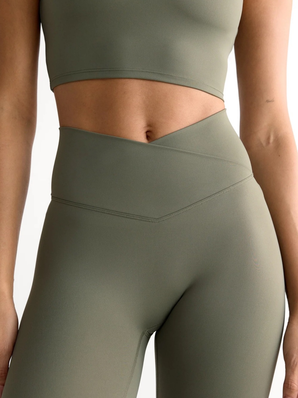 Adanola V-Waist High-Rise Leggings and Long Sleeve Crop Top in Olive Green